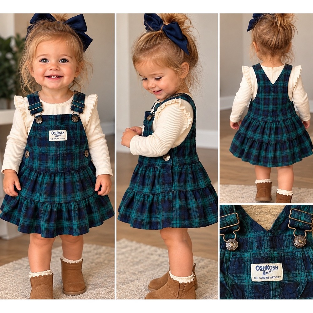 OshKosh Bgosh 18M Plaid Overall Jumper Dress Green Navy Tartan Vestbak Tiered
